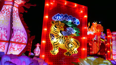 Linternas-Chinas,-Lámpara,-China,-Cultura-China,-Festival-Colorido,-Evento-Feux-Follets-En-Parc-Jean-drapeau-Montreal,-Luces,-Arte-Iluminado