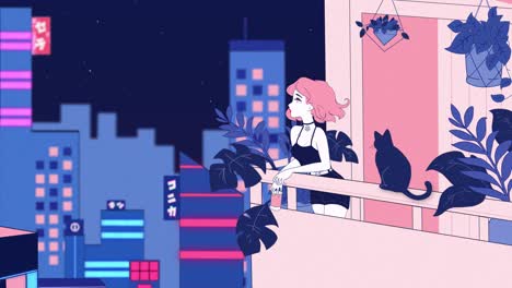2D-Animation:-Mädchen-Mit-Rosa-Haaren-Trinkt-Einen-Kaffee-Auf-Ihrer-Terrasse,-Während-Sie-Mit-Ihrer-Katze-Das-Nächtliche-Tokio-Beobachtet