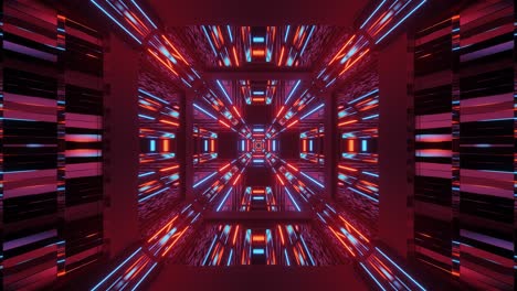 Red-and-Blue-Bright-Neon-Light-Beams-in-Octagon-Tunnel,-Motion-Graphic