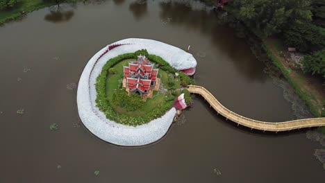 Sumeru-Mountain-aka-Mount-Meru-Temple-Replica-in-Ancient-Siam-Open-Air-Museum-Muang-Boran,-Place-From-Buddhist-Cosmology,-Ascending-Spinning-Aerial