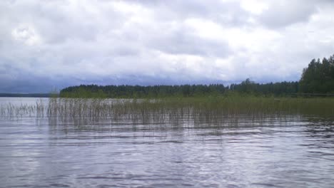 Ripples-Coming-From-Lake-With-Grass-Seen-In-Background-Against-Dramatic-Clouds