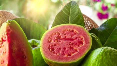 Red-guavas-sliced-and-sunset-in-the-background