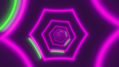 Hypnotic-spinning-hexagonal-endless-tunnel-glowing-in-neon-purple-colour-with-yellow-details