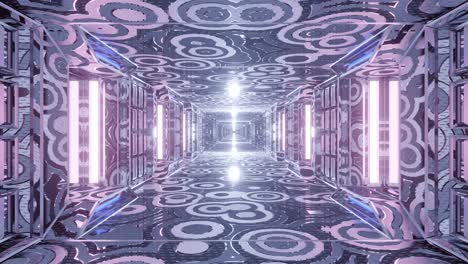 Motion-graphics-sci-fi:-travel-inside-futuristic-narrow-long-purple-passage-with-round-patterns-on-columns,-ceiling,-walls-and-floor-toward-white-light