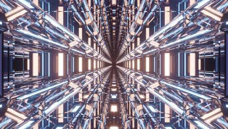 Motion-graphics-sci-fi:-futuristic-journey-inside-bright-shiny-long-tunnel-of-reflective-mirrors,-lit-columns,-ceiling-and-walls
