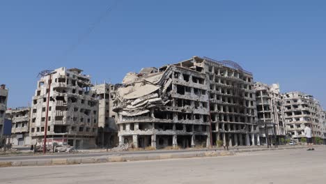 Still-shot,-showing-the-tall-buildings-destroyed-during-the-civil-war-in-the-city-of-Homs