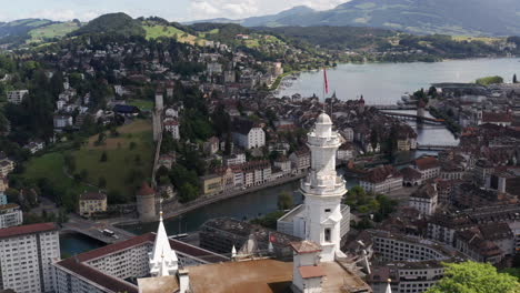 Flying-over-to-Beautiful-castle-hotel-revealing-the-city-of-Luzern,-Switzerland