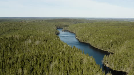 Aerial-view-of-lake-Iso-Helvetinjarvi,-on-a-bright,-sunny-day,-in-Helvetinjarven-kansallispuisto,-Ruovesi,-Pirkanmaa,-Finland---Establishing,-drone-shot