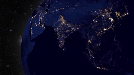 Nachtszene-Der-Erdkugel,-Die-Sich-Dreht-Und-Auf-Dem-Land-Indien-Anhält,-Nachtszene-Voller-Lichter-Auf-Der-Erdkugel-Auf-Dem-Land