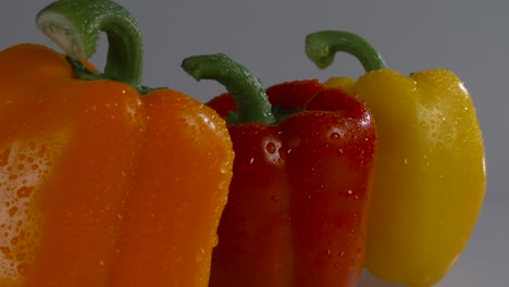 Fresh-red,-yellow,-and-orange-peppers-on-a-white-background-with-water-droplets