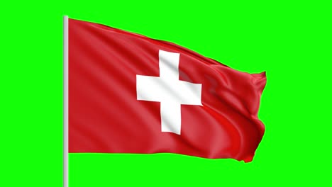 Nationalflagge-Der-Schweiz-Weht-Im-Wind-Auf-Grünem-Bildschirm-Mit-Alpha-Matte