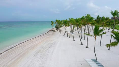 Beautiful-Empty-Playa-Juanillio-Beach-in-Dominican-Republic-lined-with-amazing-Palm-Trees,-Drone-Aerial,-Covid-19