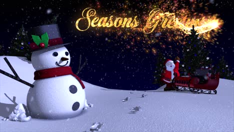 A-charming-and-beautifully-rendered-3D-winter-scene-with-snowman,-christmas-trees-and-Santa-and-his-sleigh,-with-the-message-'Seasons-Greetings