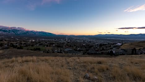 Sunset-time-lapse-of-Salt-Lake-CIty,-Utah---wide-angle,-static