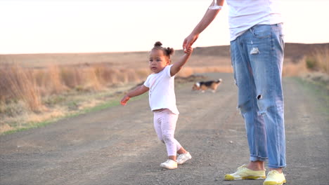 Daughter-and-mother-walking-on-dirt-road-while-daughter-is-pulling-on-mothers-hand-and-a-corgi-in-the-background