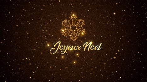 Wunderschöne-Saisonale-Animierte-Bewegungsgrafik-Einer-Komplizierten-Schneeflocke,-Dargestellt-In-Glitzernden-Partikeln-Auf-Einem-Sternenklaren-Hintergrund,-Mit-Der-Saisonalen-Botschaft-„Joyeux-Noel“.