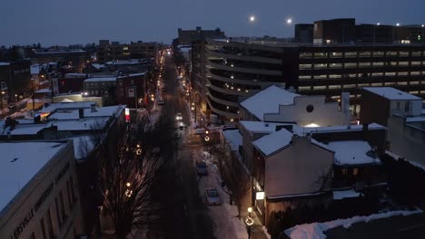 Aerial-of-city-street-at-night