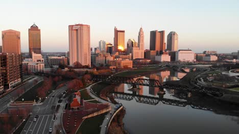 Columbus-Ohio-downtown-skyline-at-dusk---aerial-drone