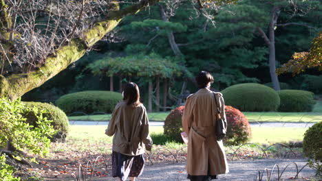 Zwei-Japanische-Mädchen-Mit-Braunem-Mantel-Und-Gesichtsmaske-Schlendern-Durch-Den-Naturpark-Shinjuku-Gyoen-National-Garden-In-Tokio,-Japan