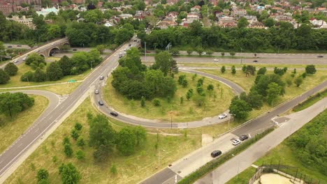 A-bird's-eye-view-over-a-parkway-exit-on-a-cloudy-day