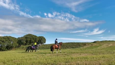Summer-horse-riding-in-coastal-area-near-Kinsale,-Ireland