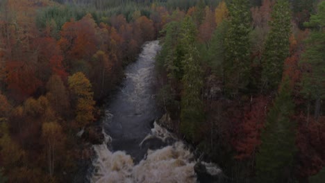 Aerial-Drone-flyover-pan-up-of-River-Rapids-in-Scotland-Autumn