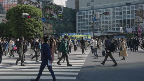 Peatones-Ocupados-Caminando-En-El-Paso-De-Peatones---Cruce-De-Shibuya-En-Tokio-Durante-La-Pandemia---Tiro-Ancho,-Cámara-Lenta