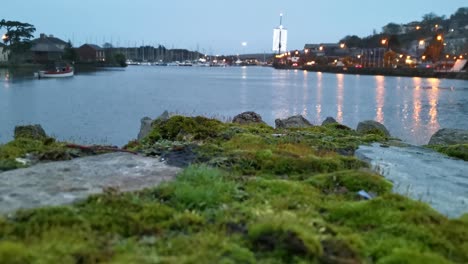 Winter-evening-in-Kinsale-harbour-with-moss-growing-on-stone-wall,-lights-and-reflections-in-water