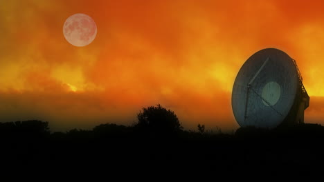 Radioteleskop-Mit-Vollmond-Und-Farbenfrohem-Sonnenuntergangshintergrund---3D-Animation