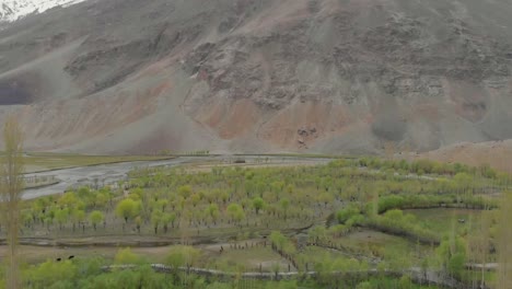Luftaufnahme-über-Dem-Ghizer-Talboden-Mit-Vegetation-In-Pakistan