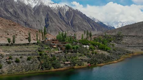 Aerial-View-Of-Village-By-Lake-Borith-In-Gojal-At-Hunza-Valley
