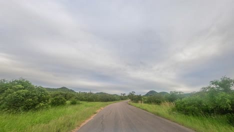 Timelapse-Conduciendo-Pov-En-Carretera-Pavimentada-A-Través-Del-Parque-Nacional-Kruger
