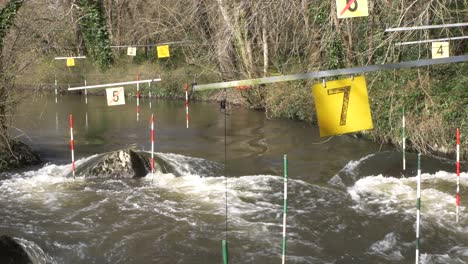 Canoe-Slalom-Course-With-Downstream-And-Upstream-Gates-Hanged-On-River-Rapids-Of-Liffey-Valley-In-Dublin,-Ireland
