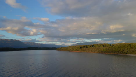 Aufsteigende-Dolly-Luftaufnahme-Eines-Waldes-In-Der-Nähe-Des-Lake-Te-Anau-In-Neuseeland-Mit-Bergen-Im-Hintergrund