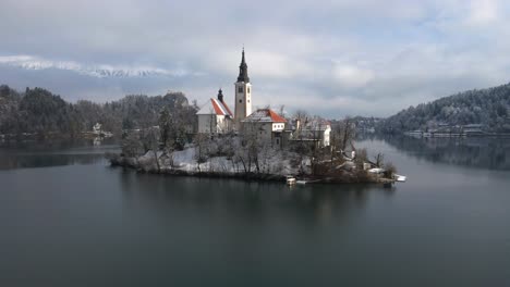 Aerial-view-of-beautiful-lake-bled-and-bled-island-on-winters-morning