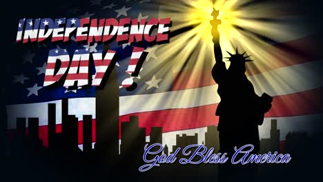 Patriotic,-comic-book-style-graphic,-with-animated-Happy-4th-of-July-and-God-Bless-America-text,-and-Statue-of-Liberty-with-glowing-torch-and-Manahattan-silhouette-over-fluttering-Stars-and-stripes
