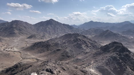 Aerial-panoramic-shot-of-desert-mountains-during-day