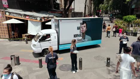 Wide-angle-above-shot-of-promotion-truck-for-HBO-drama-series-at-day