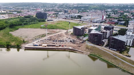 Building-site-of-modern-apartment-building-in-Kaunas,-Vilijampole-district,-aerial-drone-view