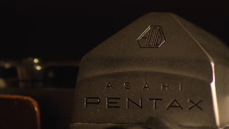 Detail-of-Vintage-Camera-Brand-and-Logo,-Asahi-Pentax,-Parallax-CU