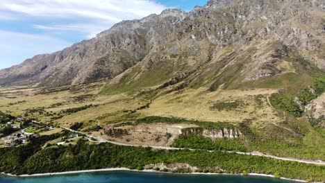Aerial-overview-of-stunning-mountain-range-The-Remarkables,-New-Zealand
