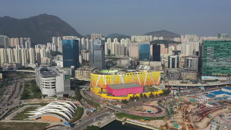 Drone-Aerial-View-of-Hong-Kong,-Kowloon-Bay,-Kai-Tak-District