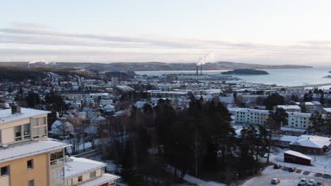 Sundsvall,-Sweden-Aerial-view-of-the-city-and-beautiful-lake-at-dawn