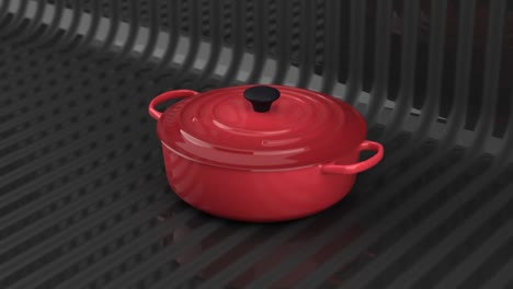 3D-animation-rendering,-red-color-cast-iron-Le-Crueset-inspired-Casserole,-rotating-with-striped-background