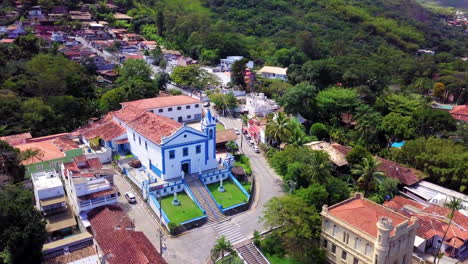 Drone-View-Church-of-Nossa-Senhora-D'Ajuda-in-Bonsucesso-on-Ilhabela-on-the-north-coast-of-São-Paulo-state,-Brazil