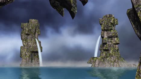 Animierter-Wasserfall-Von-Den-Felsen-über-Dem-Meer