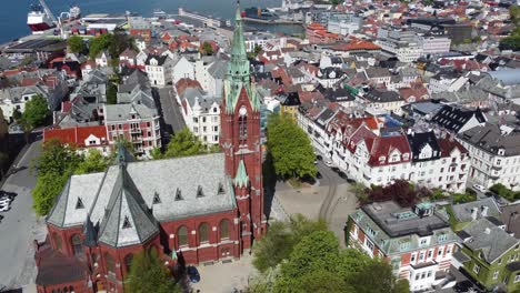 Beautiful-aerial-approaching-massive-Johannes-church-in-Bergen-Norway---Overview-to-closeup