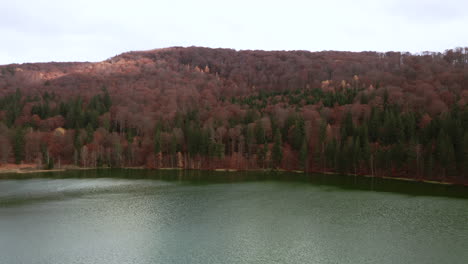 Luftstoß-In-Richtung-Ufer-Des-Sfanta-Ana-Sees,-Gesäumt-Von-Einem-Lebendigen-Herbstwald
