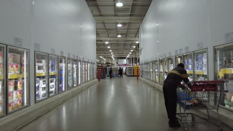POV-Walking-Along-Freezer-Aisle-Section-At-Wholesale-Warehouse