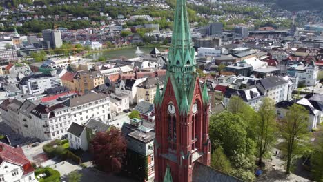 Johannes-church-in-Bergen-Norway---Close-up-rotating-aerial-around-the-tower